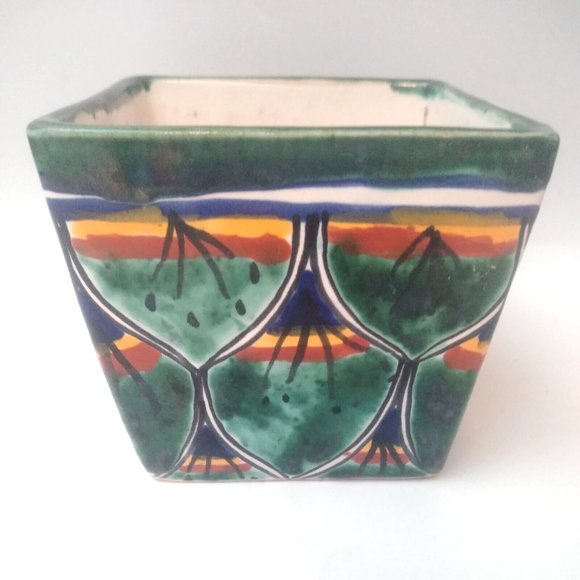 4"Tall Square Planter Hand Painted Ceramic Flower/Succulent/Herbs Pot Drain Hole - Picture 2 of 8